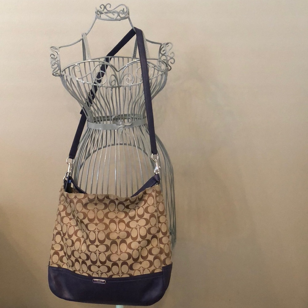 COACH Navy Leather/Tan Monogram Fabric Crossbody